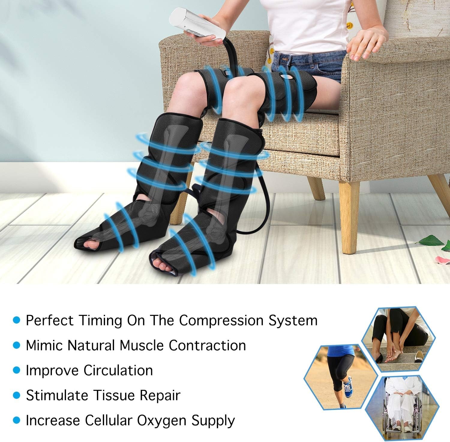 Leg Massager for Circulation and Pain Relief, Air Compression Foot Calf Thigh Massage, Full Leg Massager 3 Modes 3 Intensities 2 Extenders