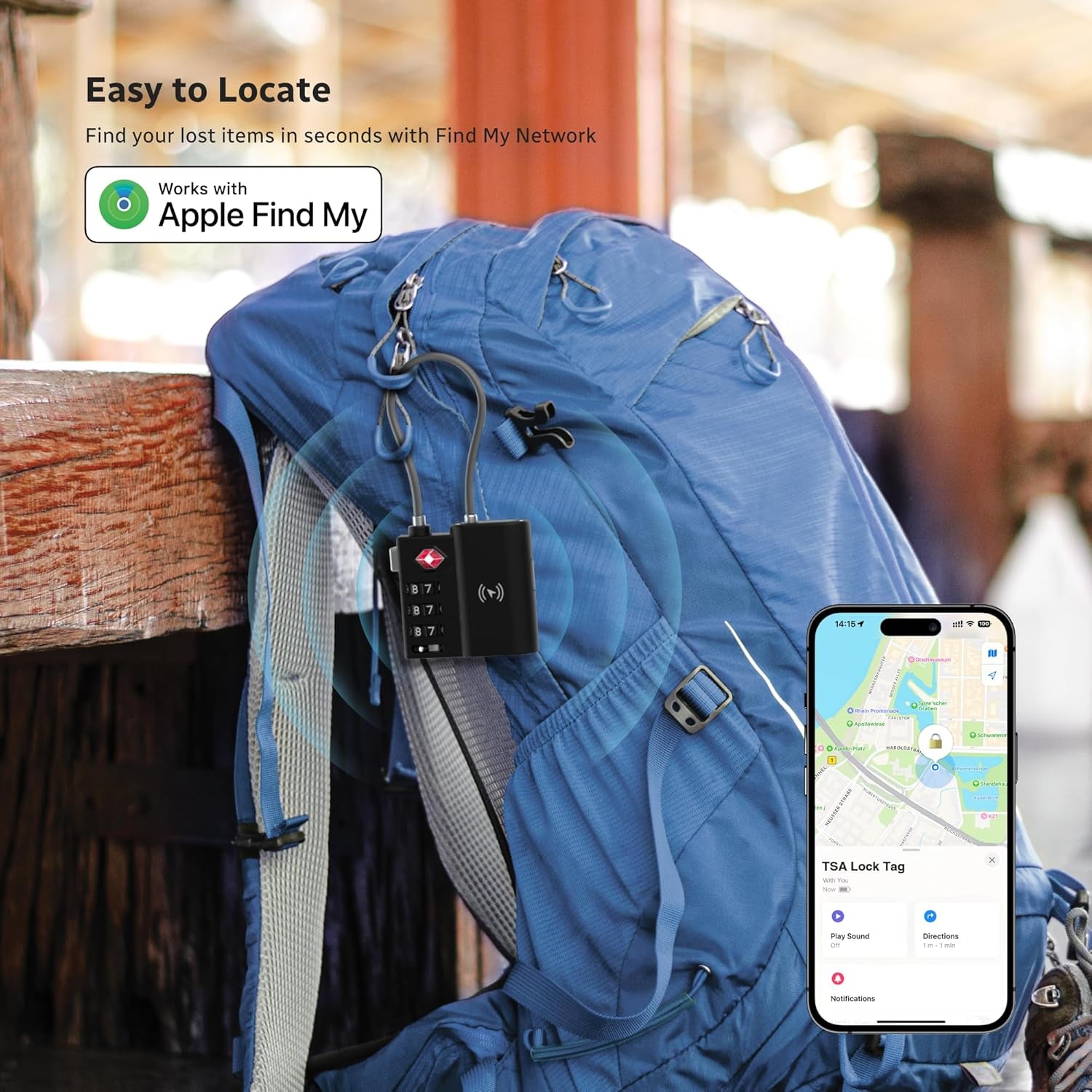 Location Finder Skytag TSA Lock for Apple Find My - Bluetooth Luggage Tracker with USB-C Rechargeable Battery, TSA Certified, IPX4 Waterproof, Heavy-Duty Zinc Alloy & Steel Cable - Black