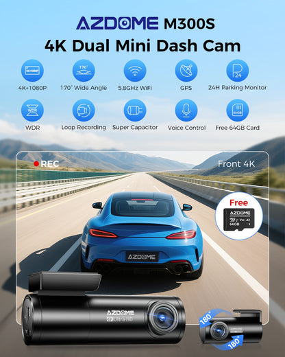 AZDOME 4K+1080P Dual Dashcam 5Gwifi GPS Front and Rear Recorder Camera Free Card
