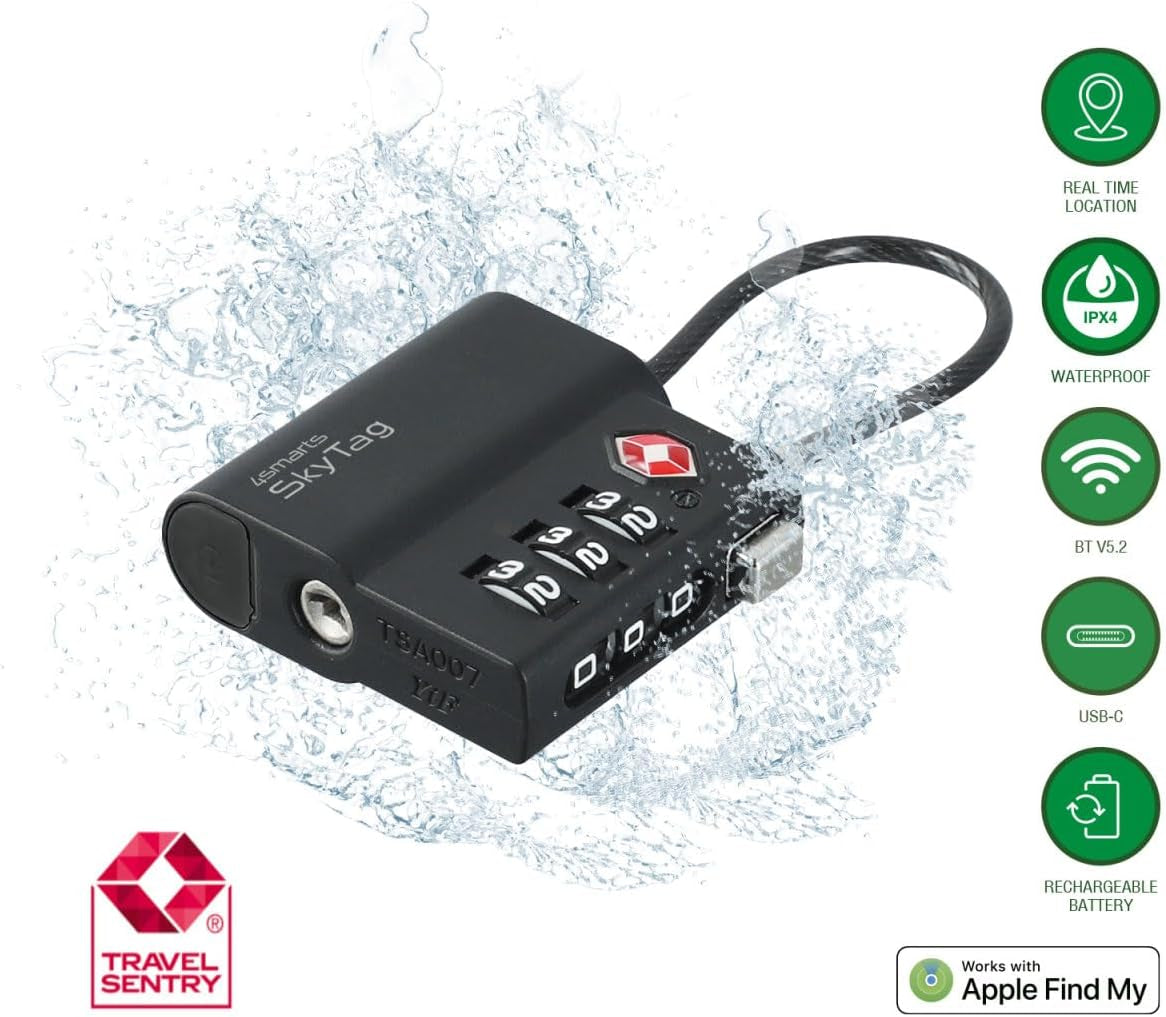 Location Finder Skytag TSA Lock for Apple Find My - Bluetooth Luggage Tracker with USB-C Rechargeable Battery, TSA Certified, IPX4 Waterproof, Heavy-Duty Zinc Alloy & Steel Cable - Black