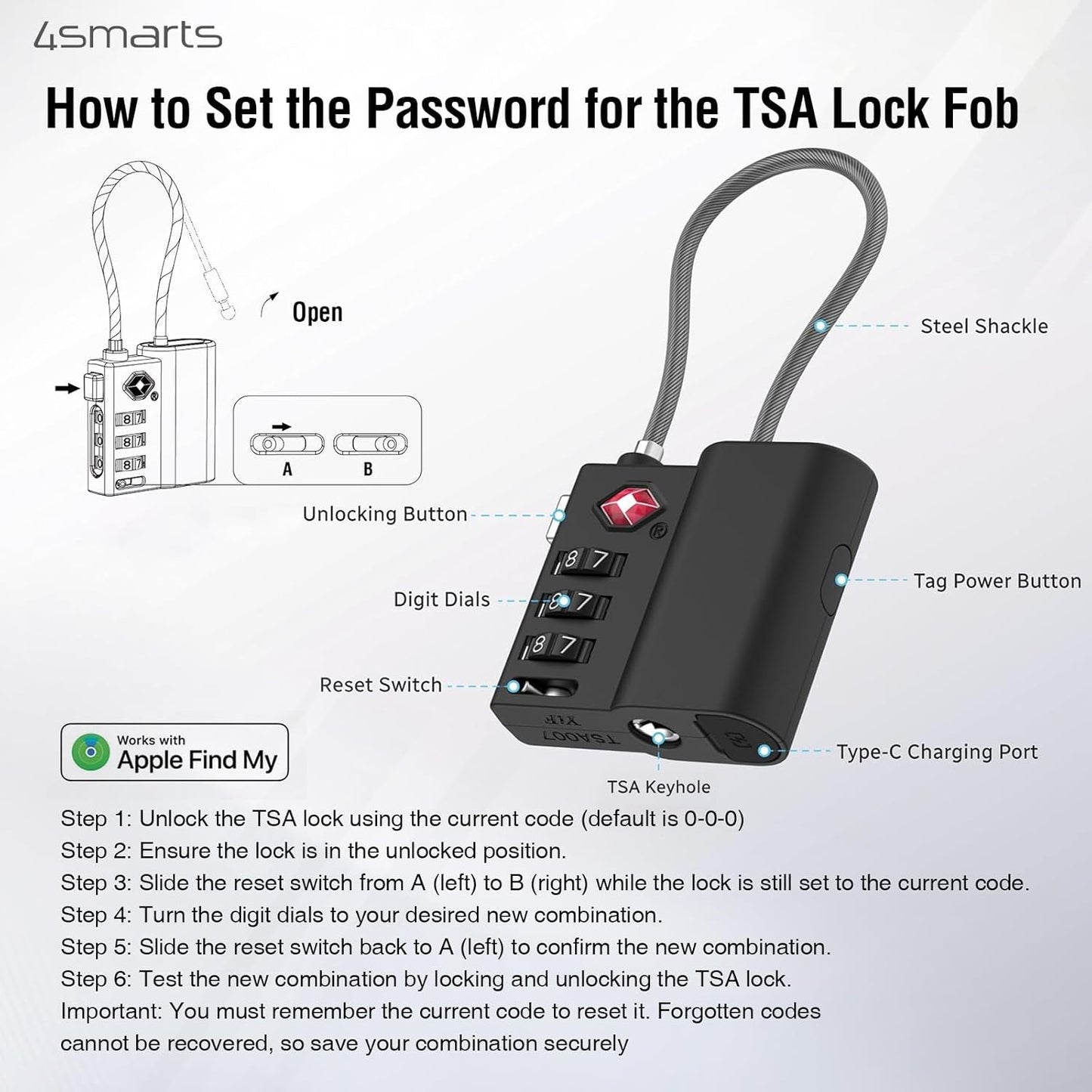 Location Finder Skytag TSA Lock for Apple Find My - Bluetooth Luggage Tracker with USB-C Rechargeable Battery, TSA Certified, IPX4 Waterproof, Heavy-Duty Zinc Alloy & Steel Cable - Black