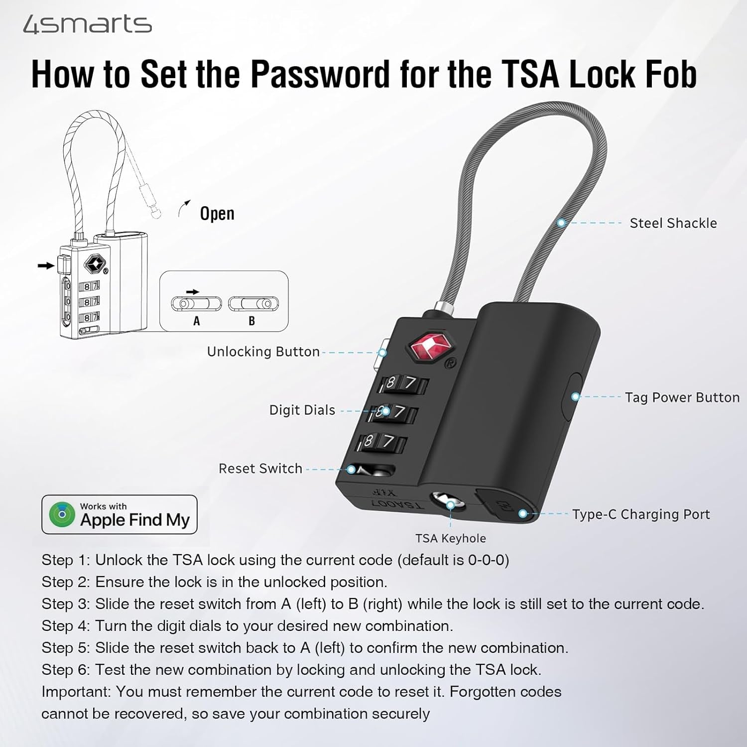 Location Finder Skytag TSA Lock for Apple Find My - Bluetooth Luggage Tracker with USB-C Rechargeable Battery, TSA Certified, IPX4 Waterproof, Heavy-Duty Zinc Alloy & Steel Cable - Black