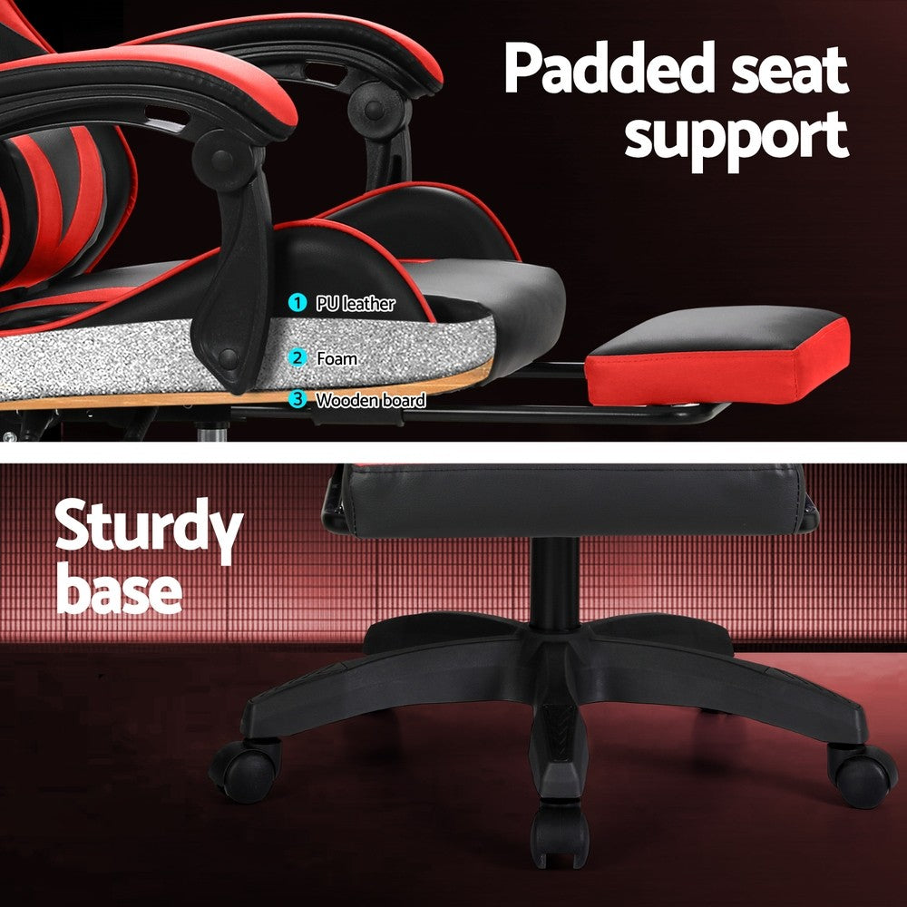 Artiss Massage Gaming Chair 6 Point 7 LED Office Chairs Leather Footrest Red