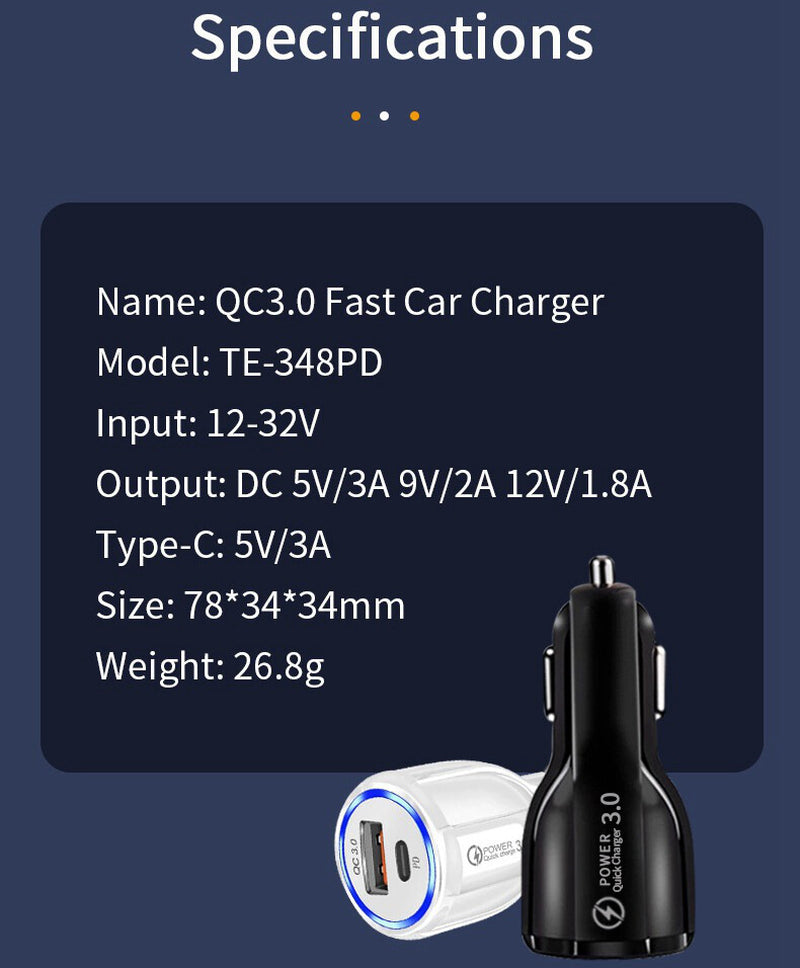QC3.0 USB Type C Fast Car Charger 2 Ports Power Adapter for Apple Iphone Samsung