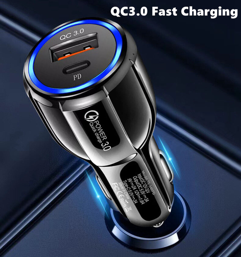QC3.0 USB Type C Fast Car Charger 2 Ports Power Adapter for Apple Iphone Samsung