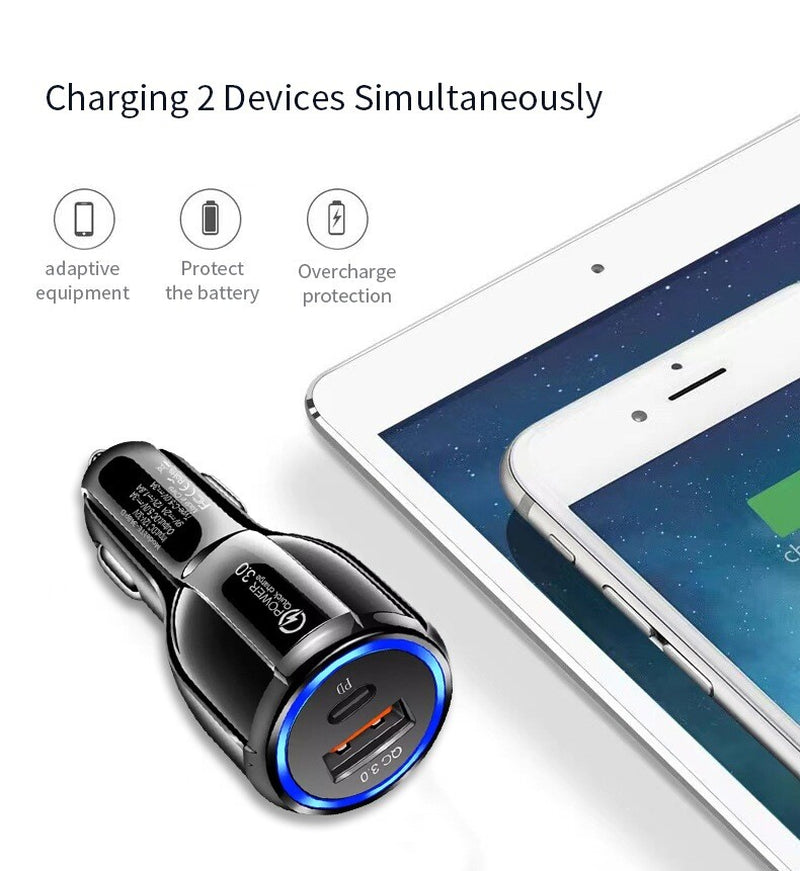 QC3.0 USB Type C Fast Car Charger 2 Ports Power Adapter for Apple Iphone Samsung