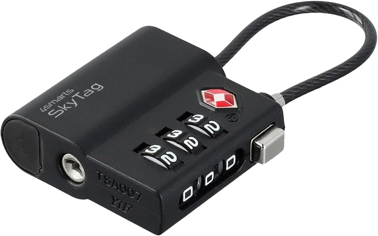 Location Finder Skytag TSA Lock for Apple Find My - Bluetooth Luggage Tracker with USB-C Rechargeable Battery, TSA Certified, IPX4 Waterproof, Heavy-Duty Zinc Alloy & Steel Cable - Black