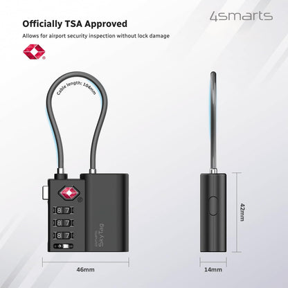 Location Finder Skytag TSA Lock for Apple Find My - Bluetooth Luggage Tracker with USB-C Rechargeable Battery, TSA Certified, IPX4 Waterproof, Heavy-Duty Zinc Alloy & Steel Cable - Black