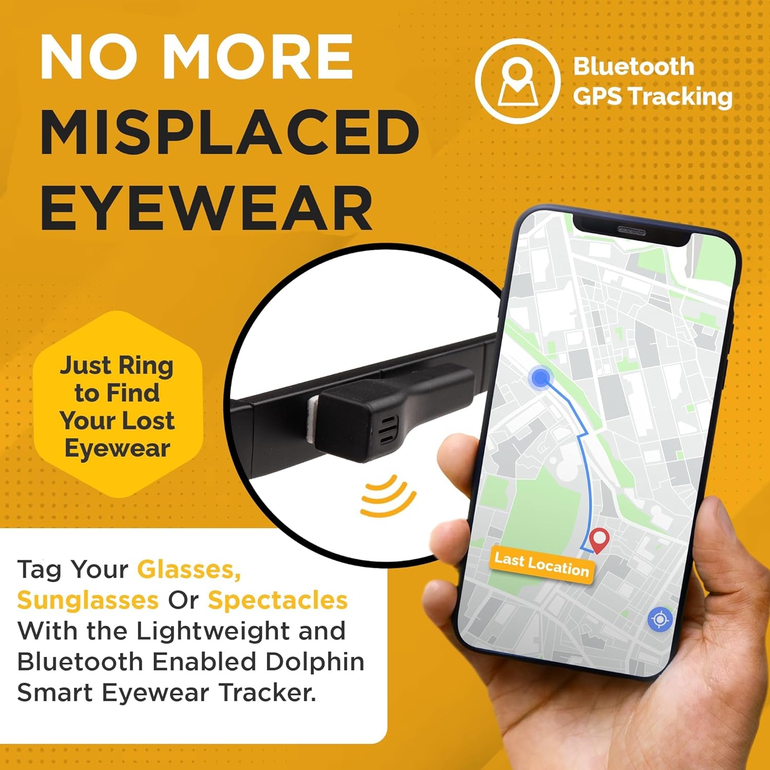 Dolphin Smart Spec Finder Eyewear Tracker, Compact Bluetooth Tracker to Locate Spectacles, Works with Android & Apple, Rechargeable Glasses Tracker, Glasses Finder Locator, Black