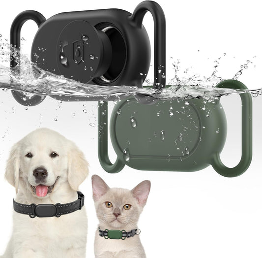 Dog Collar Holder(2 Pack) for Galaxy Smarttag2, Waterproof Silicone Case for Pet Cat, Anti-Lost Scratch Resistant Protective Cover Accessory for Samsung Galaxy Smart Tag2 (Black/Olive Green)
