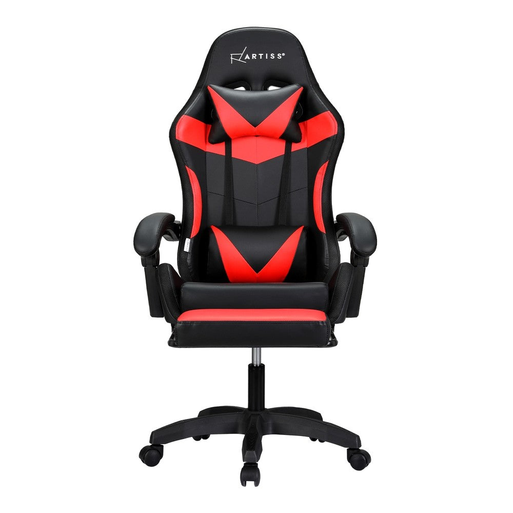 Artiss Massage Gaming Chair 6 Point 7 LED Office Chairs Leather Footrest Red