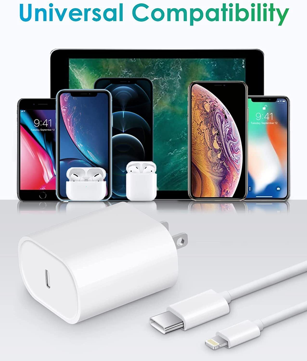 PD 20W USB C Type C Adapter Fast Charger & Cable for Iphone 14/13/12/11/ XS Max