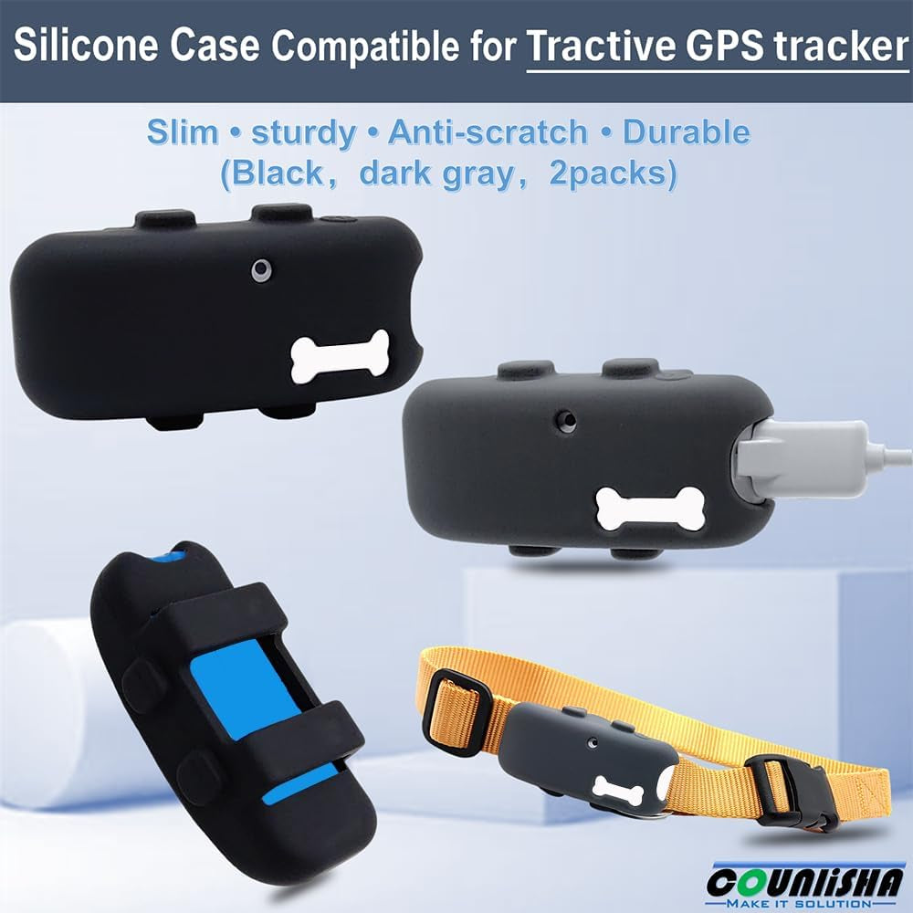 2 Packs Silicone Holder for Tractive GPS Pet Tracker,Waterproof Rubber Accessories Cover Item Finder Anti-Scratch,Secure Sturdy Lightweight Case with Strap for Dog Cat Collar (Black,Grey)