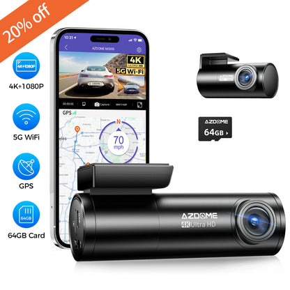 AZDOME 4K+1080P Dual Dashcam 5Gwifi GPS Front and Rear Recorder Camera Free Card