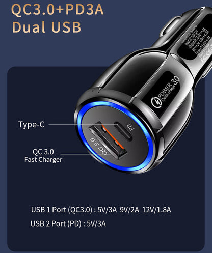 QC3.0 USB Type C Fast Car Charger 2 Ports Power Adapter for Apple Iphone Samsung